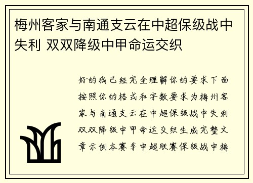 梅州客家与南通支云在中超保级战中失利 双双降级中甲命运交织 梅州客家与南通支云在中超保级战中失利 双双降级中甲命运交织
